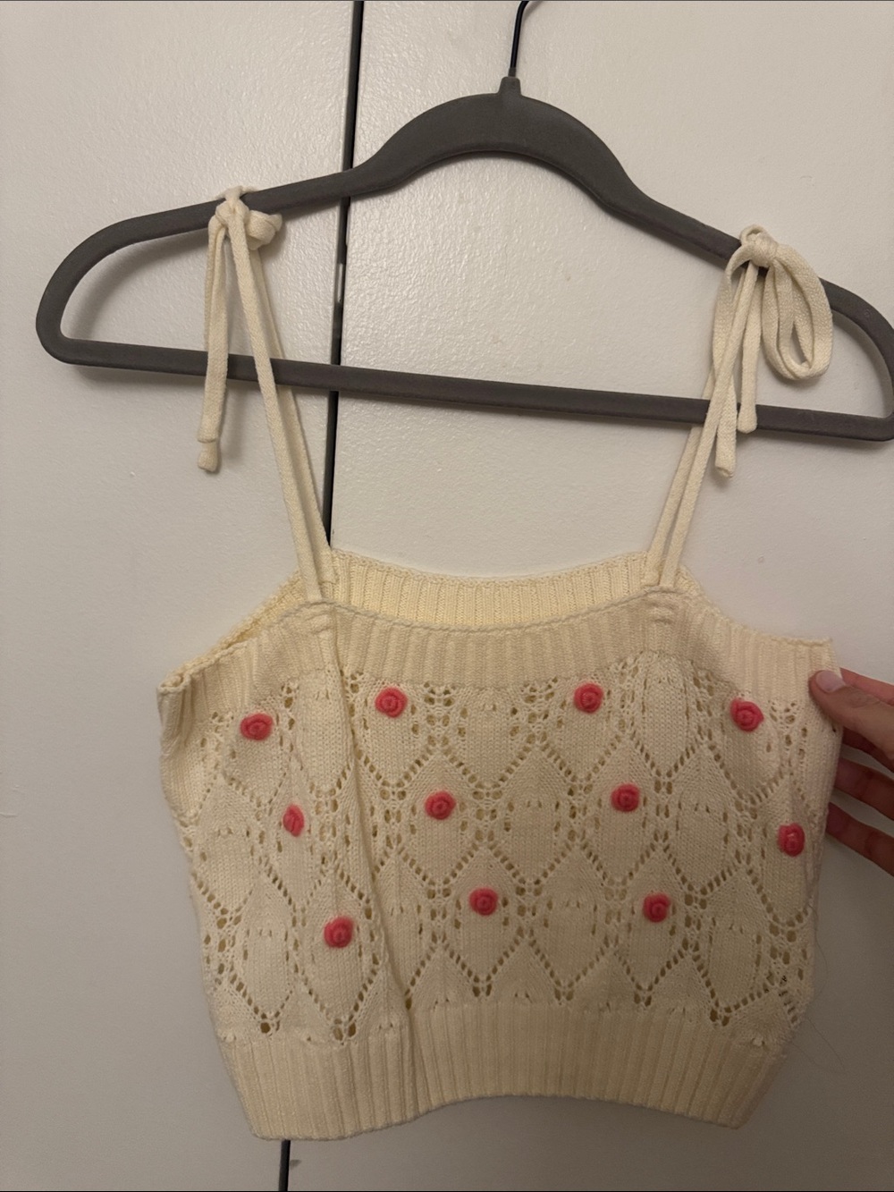 Cream Knit Tie-Strap Crop Top with Pink Rosette Accents
